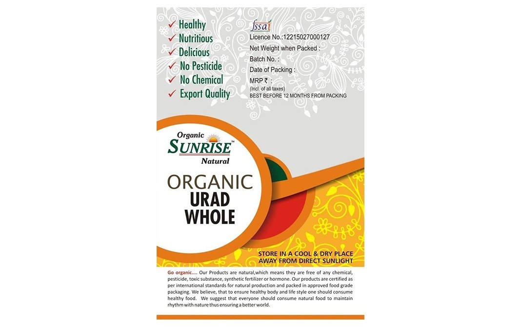 Organic Sunrise Organic Urad Whole    Box  2 kilogram